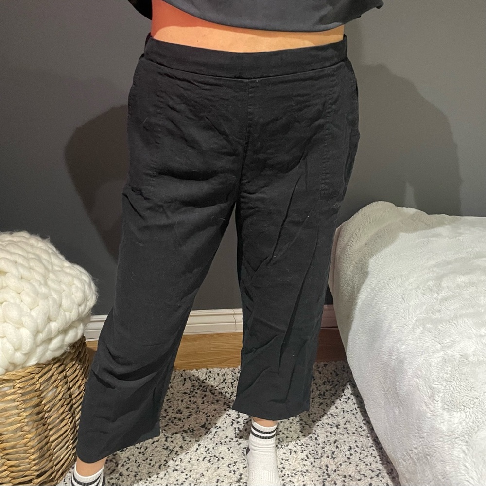 Black Linen Cropped Trousers, pull on style